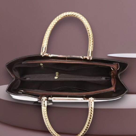 Brown Patent Leather Handbag With Gold Braided Handles - Picture 3 of 3